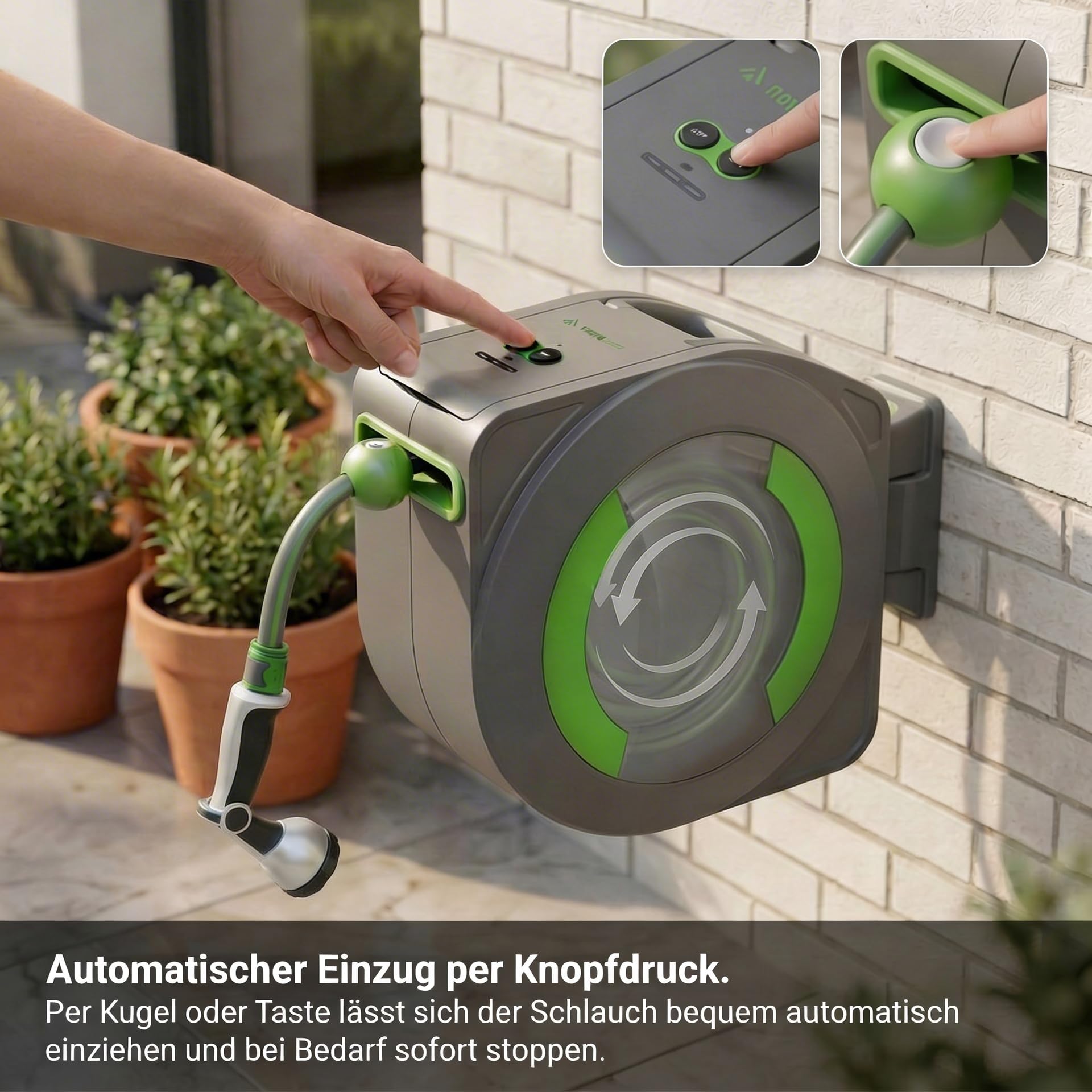 Dönges novaterra® Elektrische Schlauchtrommel 30m – Automatische akkubetriebene Gartenschlauchtrommel mit elektrischem Einzug, wetterfeste Schlauchbox für Garten & Terrasse, Akku Schlauchaufroller