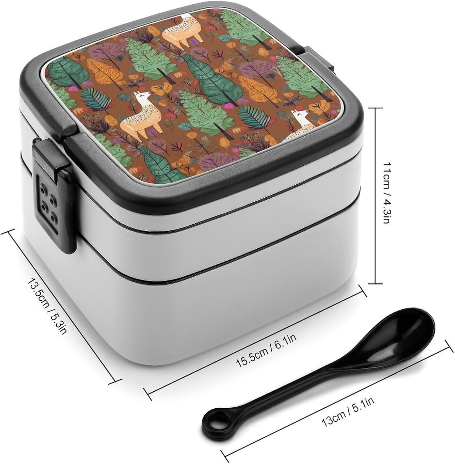 Bento Box with Spoon And Handle Alpaca in The Forest Printed Stackable Bento Box Portable Bento Lunch Box Container for Work Camping And Travel