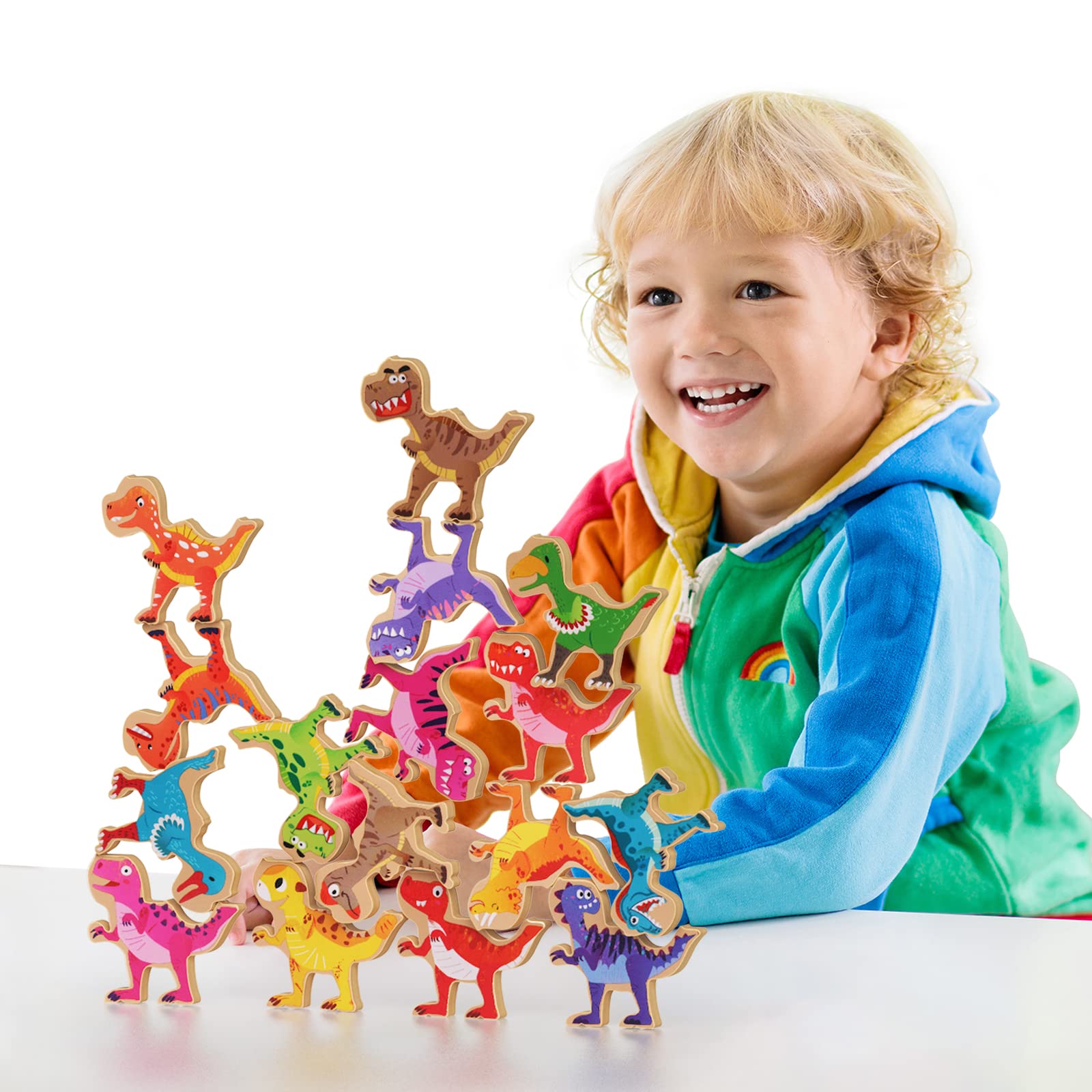 JACATOWooden Stacking Dinosaur Toys for Kids 3-5, Wooden Montessori Toys for Boys Girls 2 3 4 Year Old, Dinosaur Toys Christmas and Birthday Gifts for Boys Girls 2-6