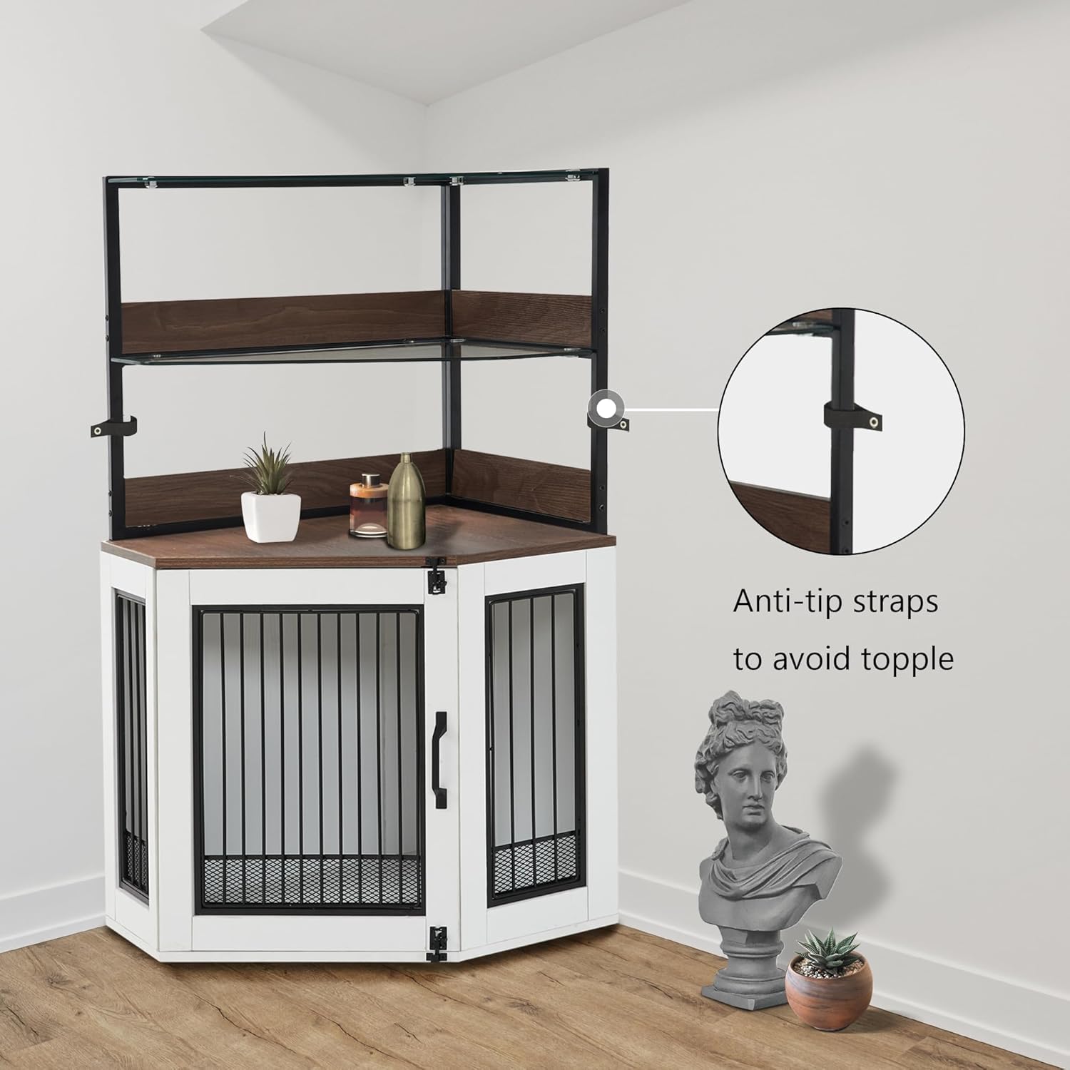 MCombo Small Corner Dog Crate Furniture with Glass Shelves, Wooden Dog Kennel Furniture with Door, Pet Crate Indoor Use, CN17 (White and Brown)