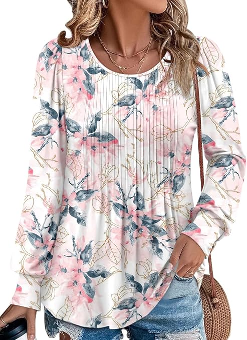 BETTE BOUTIK Long Sleeve Shirts for Women Fall Tops Dressy Blouses Crewneck Tunic Tops for Leggings S-3XL
