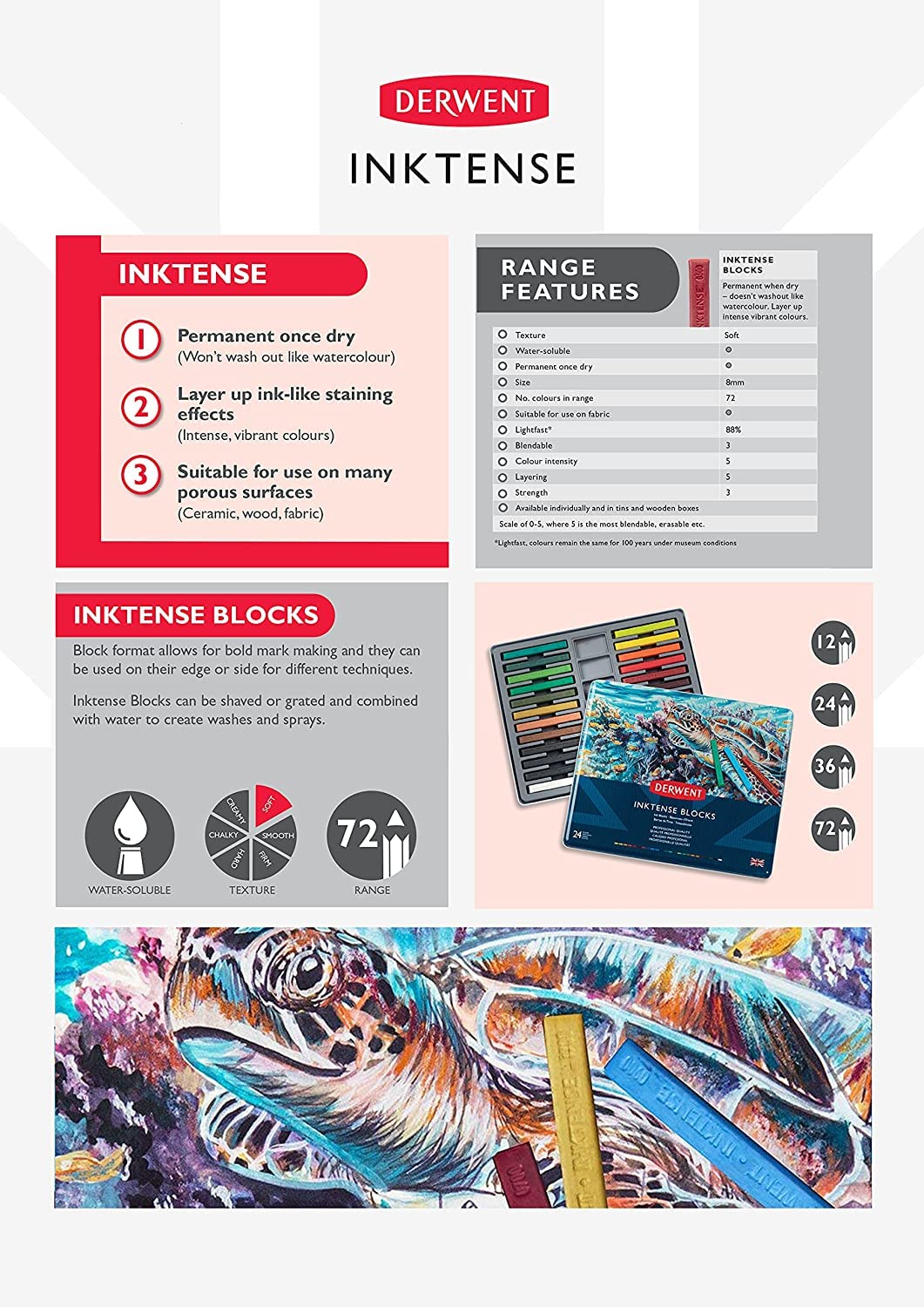 Derwent Inktense Set de 36 Barras de Pintura, Lápices Acuarelables de 8mm Solubles en Agua para Dibujar y Pintar en Papel o Tejidos, Calidad Profesional (2301979)