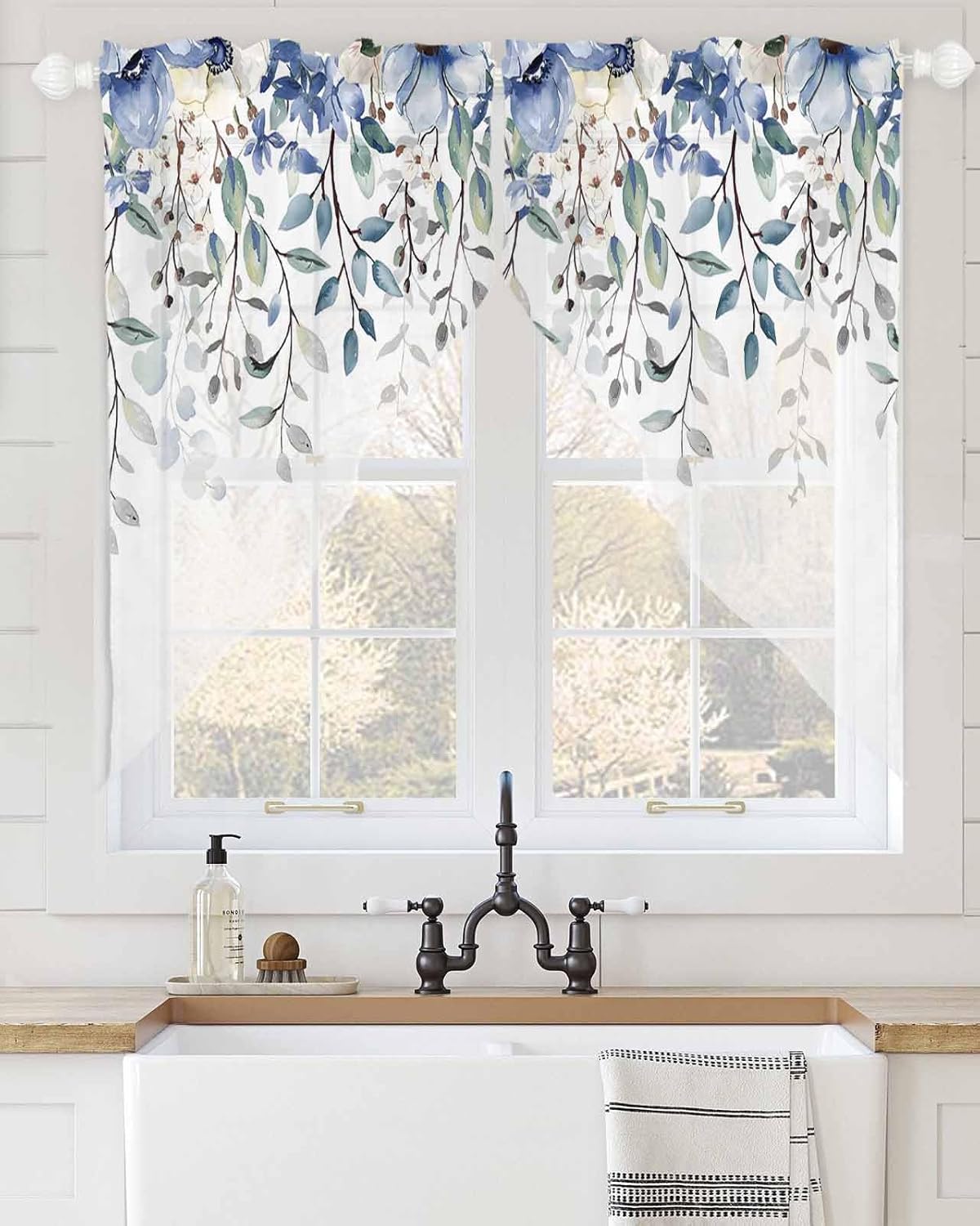 Blue Eucalyptus Leaf Swag Valances for Windows Summer Flowers Leaves Watercolor Semi Sheer Valance Curtains Floral Voile Swags Topper Curtain for Kitchen Living Room Bedroom, 2 Panels, 36x63 Inch