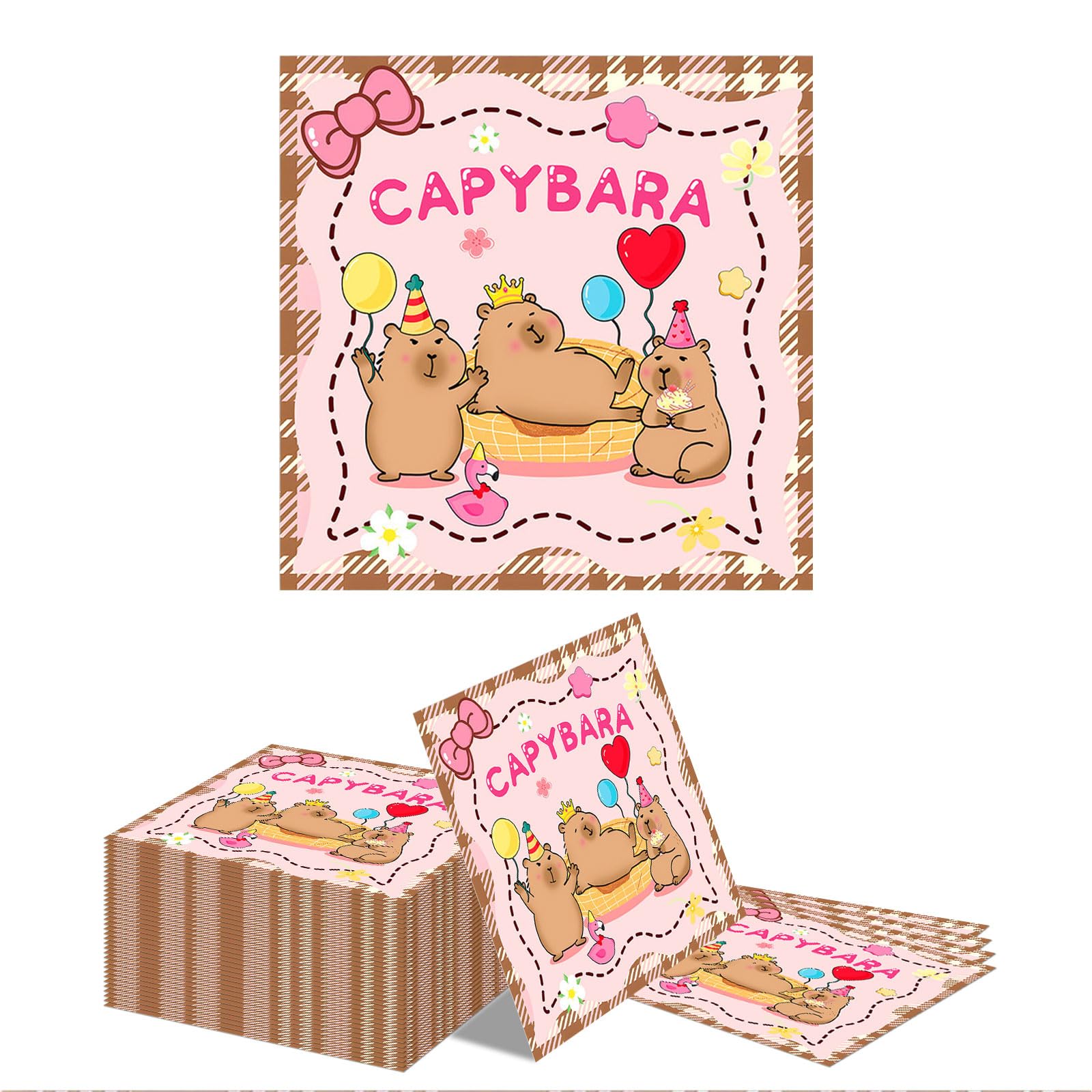 Kotkiddy 40 Pieces Capybara Birthday Party Napkins Capybara Theme Pink Brown Chubby Water Rodent Party Disposable Dinner Paper Napkins for Kids Birthday Baby Shower Anima