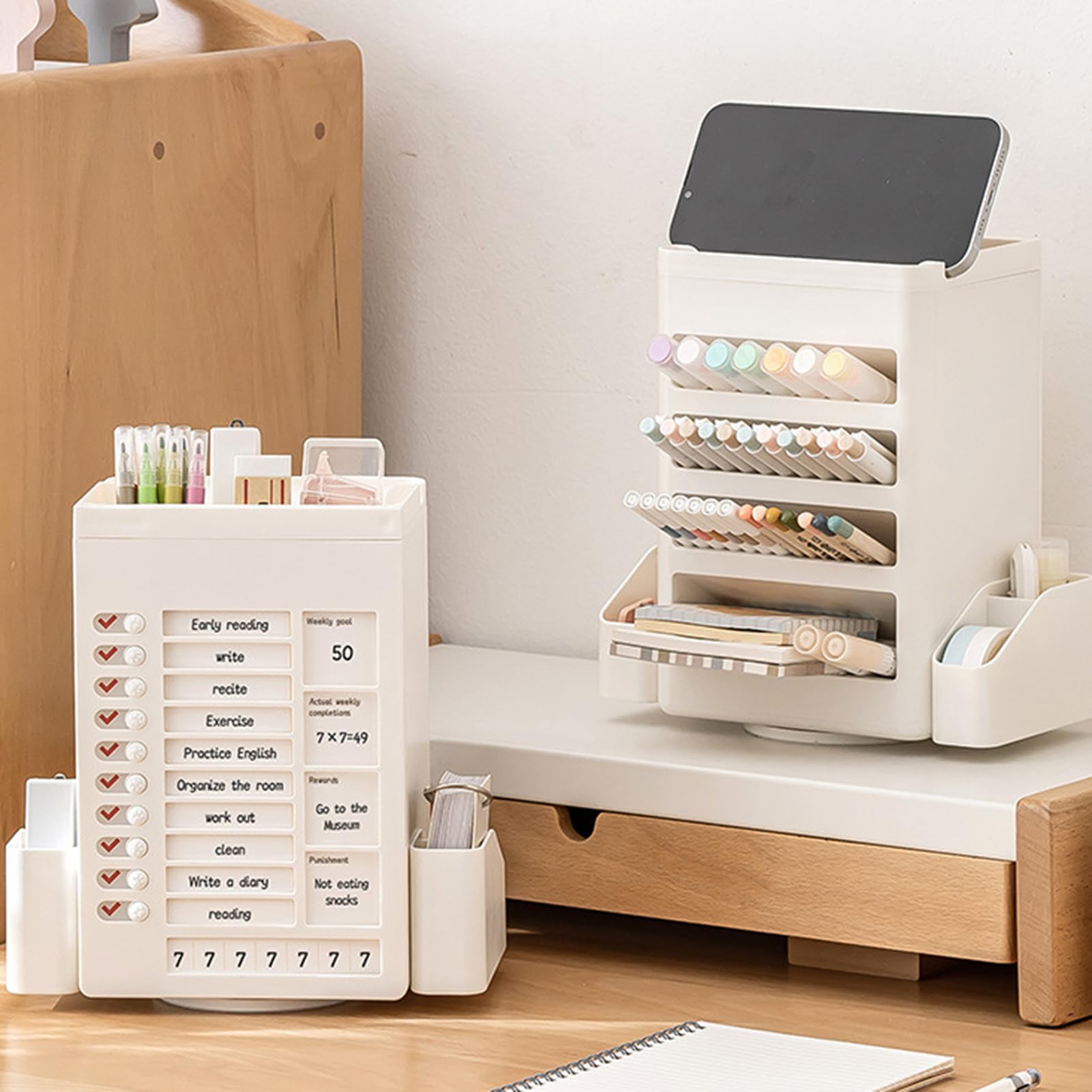 BENBORDesk Pen Pencil Rotating Holder, With Checklist Task Board/Pen/13 X Planning Cards, 360-Degree Rotatable Multipurpose Desk Pen Organizer Large Capacity, For Home, Office and School (White)