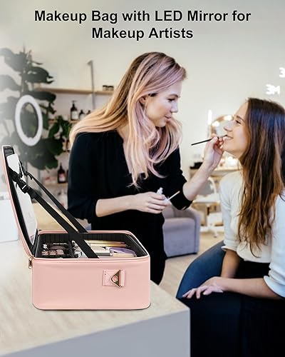 Vista 49 de Relavel Bolsa de maquillaje de viaje con espejo LED, estuche de tren de cosméticos con espejo iluminado, bolsa organizadora portátil para 01-Negro