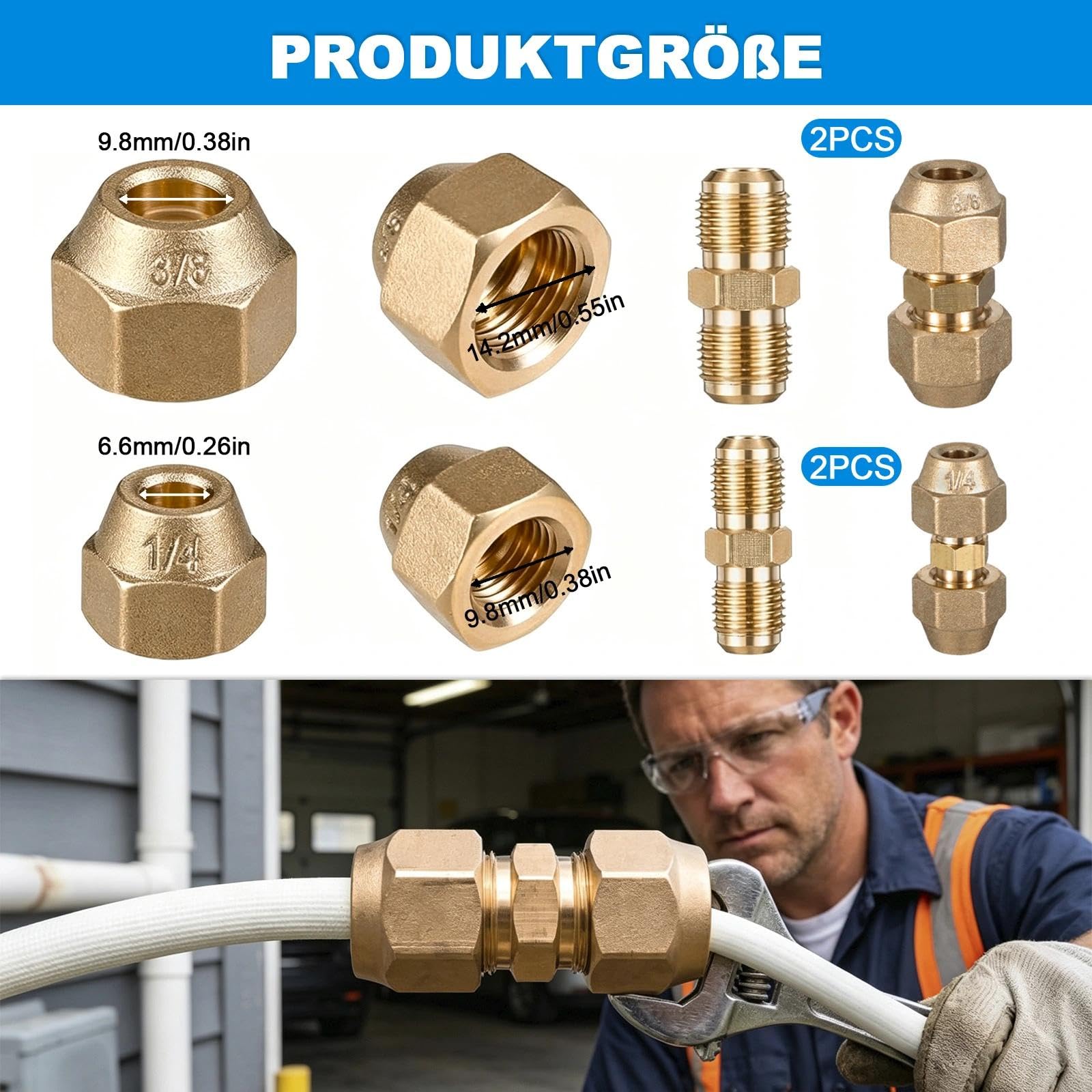 4 Stück Rohrverlängerungs-Verbindungsset, 2x 1/4" + 2x 3/8" mit Überwurfmutter, Schweißfreier Rohrverbinder für Split-Klimaanlagen & Kältemittelleitungen