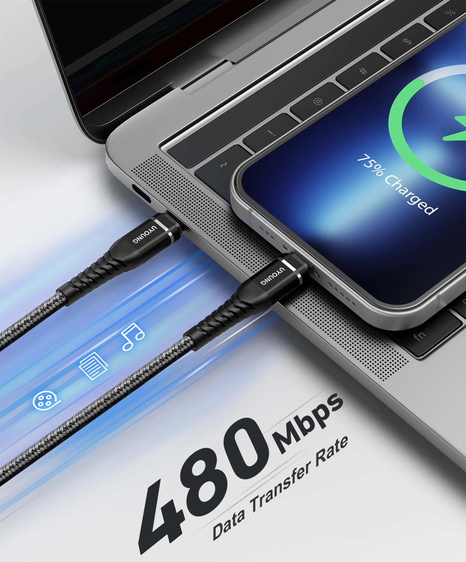 Cavo di ricarica da USB C a Lightning intrecciato per iPhone 14, 13, 12, 11, 8, 7, 6, SE, XR, XS X, iPad, colore: nero