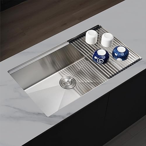 Vista 13 de PRUSSIA Fregadero de cocina de 33 pulgadas, 33 x 22 x 10 pulgadas, fregadero de acero inoxidable 304 calibre 16 de un solo tazón U910 Fregadero