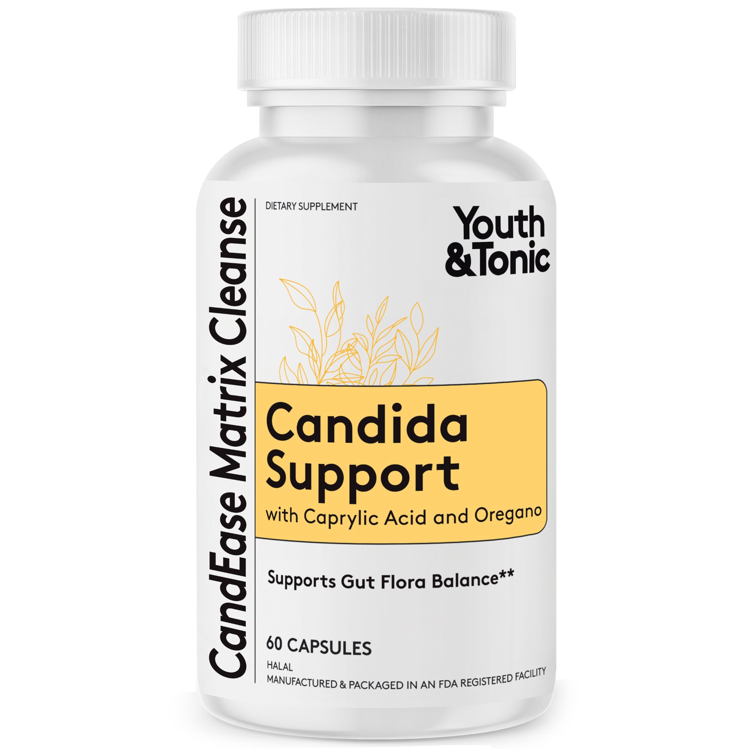 Youth & Tonic Candida Support, Balance, Caprylic Acid & Oregano 60 Capsules