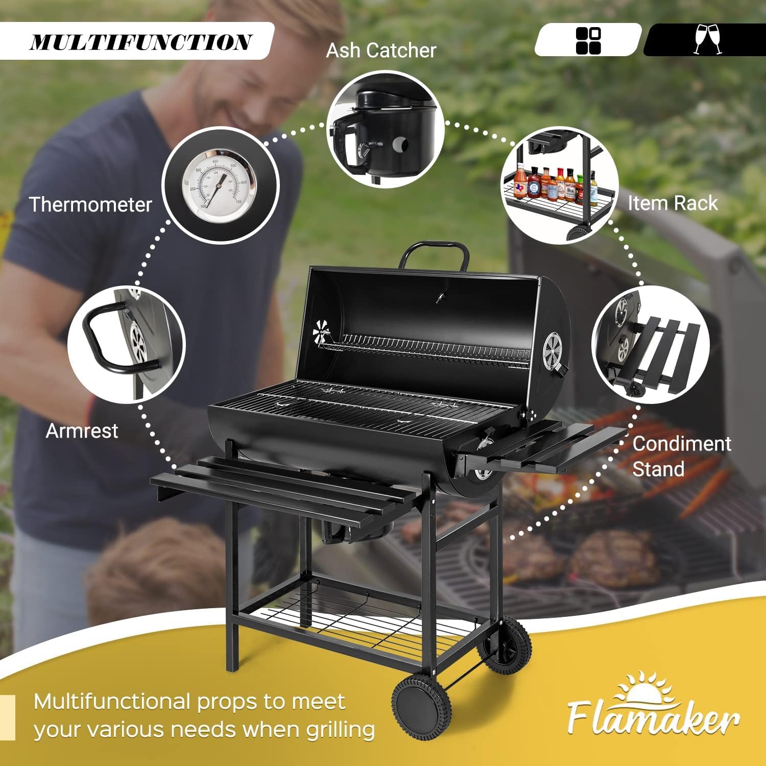 Flamaker Charcoal Grill Barrel style BBQ Charcoal Grill with Three Item Racks Thermometer Double-Layer Chrome-Plated Iron Baking Pan Ash Catcher for Camping Outdoor BBQ