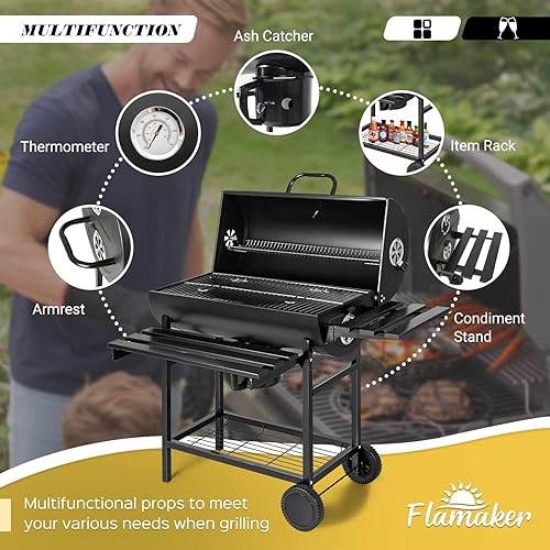 Miniatura 3 de Flamaker Parrilla de carbón estilo barril barbacoa parrilla de carbón con tres estantes de artículos, termómetro de doble capa de hierro cromado