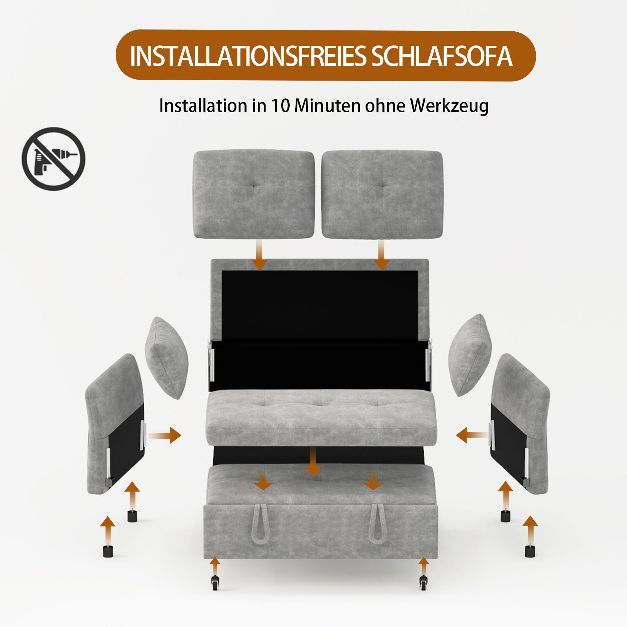3-in-1 Schlafsofa mit 5-stufig Verstellbarer Rückenlehne, Schlafcouch mit 2X Kissen und 2X Seitentasche,Graues Leinen 2 sitzer Sofa für Gästezimmer & Kleine Räume