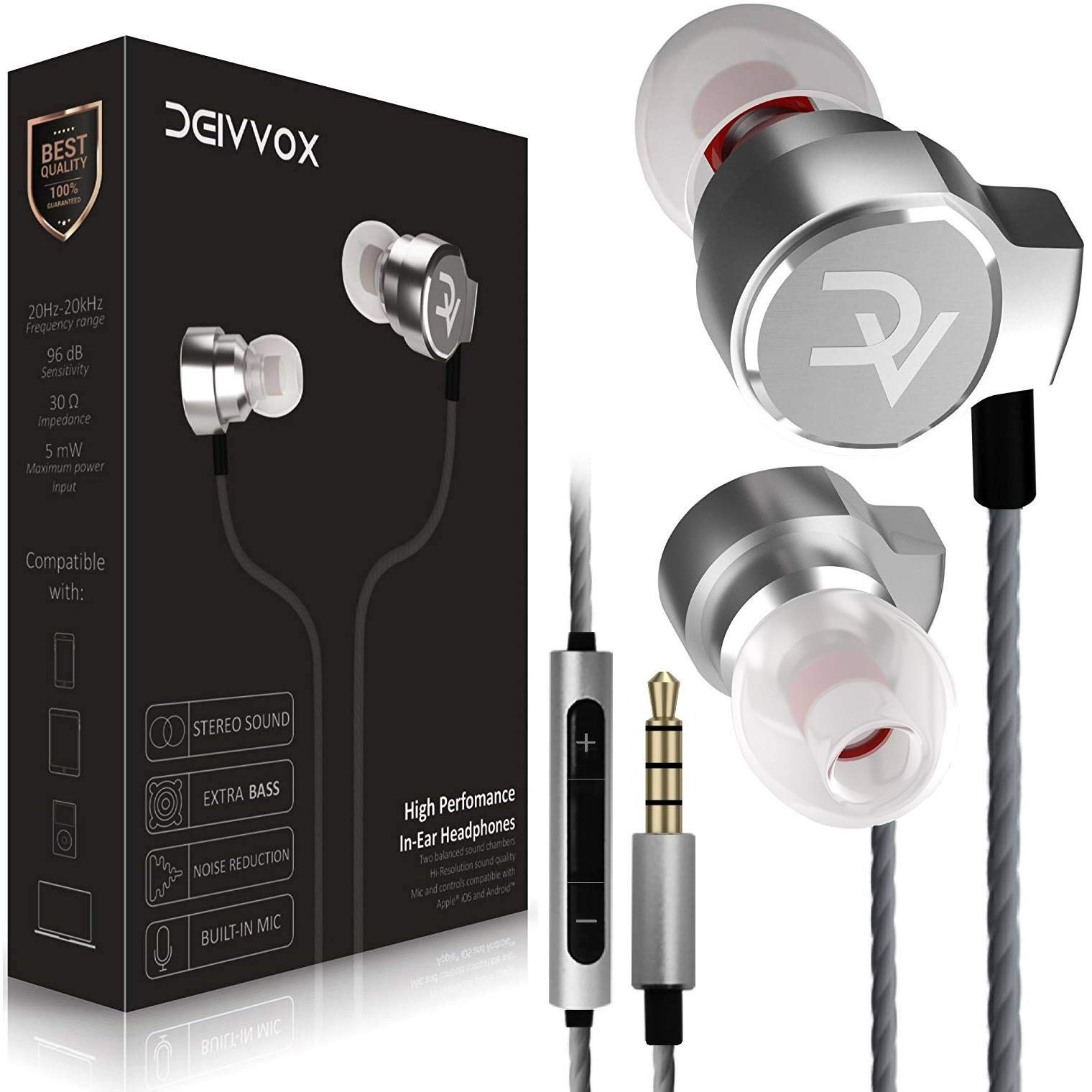 DEIVVOX D0218 Wired Earbuds with Microphone in Ear Headphones - Volume Control Mic - Balanced Sound with Extra Bass - Earphones Noise Isolating - Headset for Cell Phones Samsung Sony LG - Jack 3.5 mm