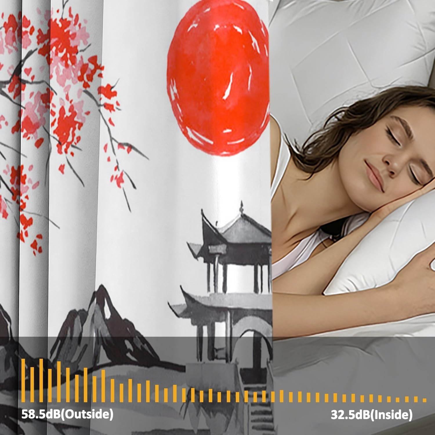Japanese Blackout Curtains Cherry Blossoms Tower Mt. Fuji Red Sun Window Drapes for Bedroom Living Room Home Decor Asian Style Ink Painting Window Curtain Treatment 2 Panel Set,21x54inch