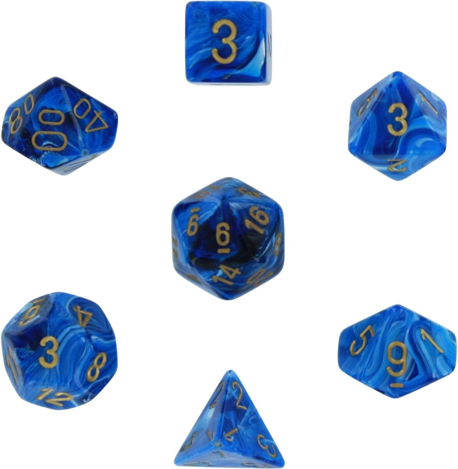 Polyhedral 7-Die Vortex Dice Set - Blue with Gold
