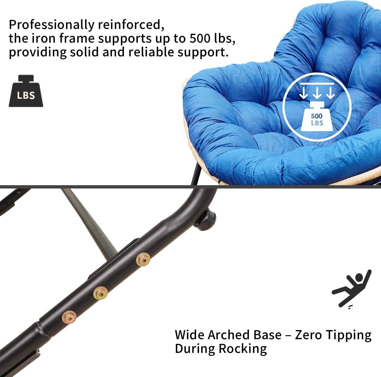 Rocking Egg Chair, Outdoor Rocking Chair with Thick Cushion, Modern Indoor Outdoor Papasan Rocking Chair, Lounge Rocker for Balcony, Living Room, Bedroom, Porch, Patio, Lawn, Garden (Blue)