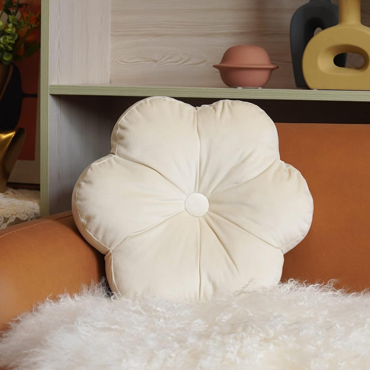 ARTMAGIC Flower Shaped Velvet Decorative Throw Pillow Cushion Ultra Soft Cute Floor Pillow for Couch Bed Sofa, White, 16x16 inch - Image 2