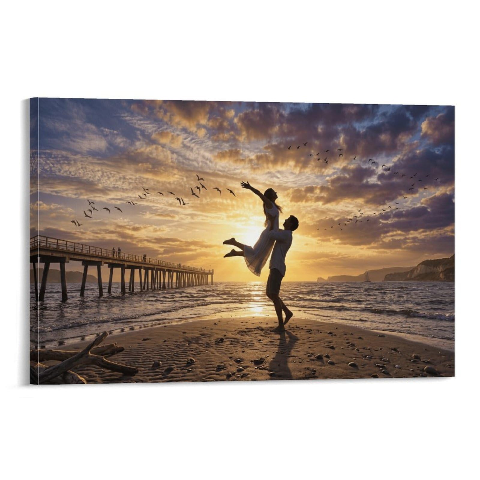 XPASHIQWC Sunset Sea Wall Decor Poster Hugging Couple Canvas Prints Picture Modern Canvas Wall Art Picture Wall Hanging for Office Gym Living Room Decor 20x30inch(50x75cm)