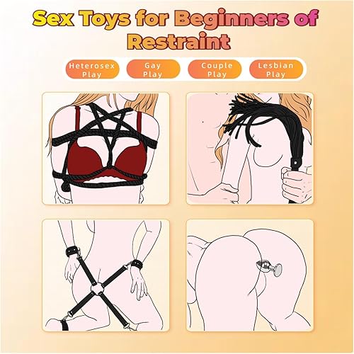 Miniatura 17 de BDSM - Kits de retención de bondage, 12 piezas, juegos sexuales, esposas, cuello de tobillo, puños con los ojos vendados, plumas, cosquillas, bola