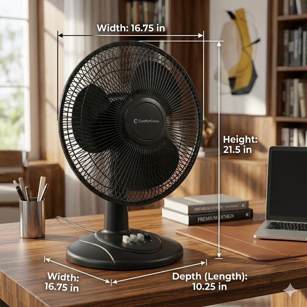 Condition photo showing New/Like New for comfort zone 16-inch oscillating table fan – large 3-speed quiet desk fan with wide-area oscillation, adjustable tilt & metal safety grill – ideal for home office, bedroom & dorm black