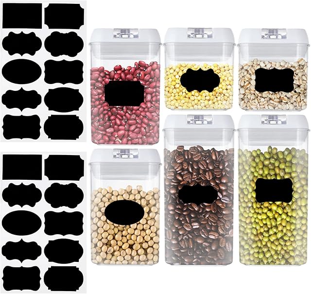 6 Pack Airtight Food Storage Container Set For Kitchen Cupboards, Plastic Square Food Storage Containers With Lids Airtight Pop Top For Pantry Cereal Spaghetti Flour Pasta Cracker Biscuit Storage