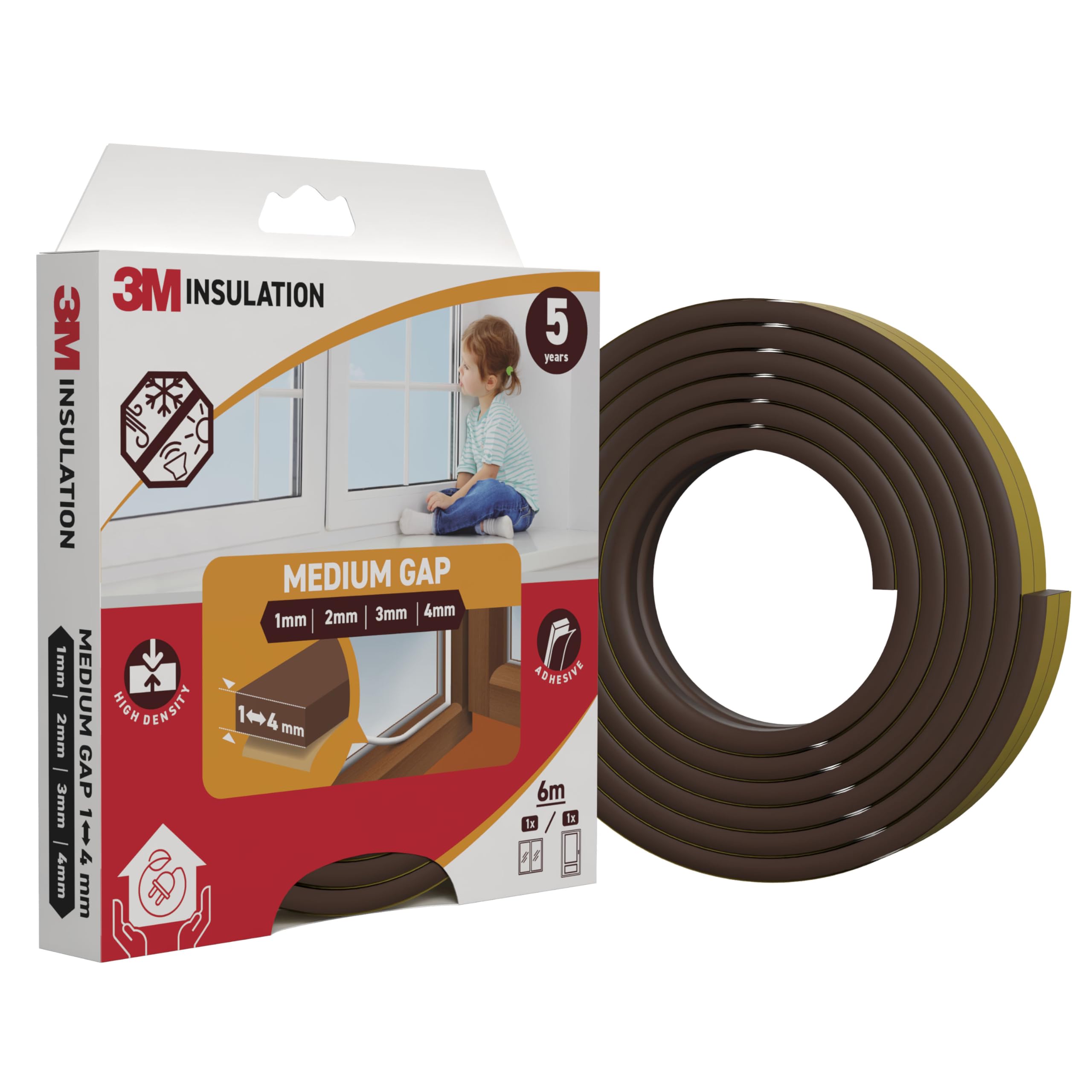 3M Classic Insulation Foam Seal, 6m, Brown, Medium Gap up to 4mm - Self-Adhesive Rubber for Insulating Gaps in Windows and Doors, Draught Excluder, Protection Against Cold, Heat, Dust, Noise and Wind