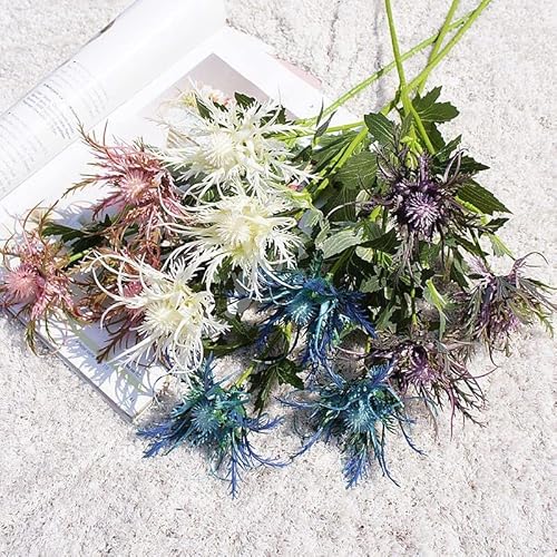 Romase 5 Pack Blue Artificial Thistle Flower Bouquet For Home Wedding Kitchen Office Nursery Décor #TOP7