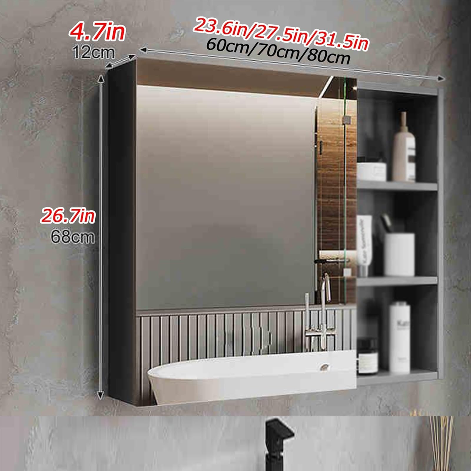 Szafka łazienkowa naścienna z lustrem 80 cm kosmiczny aluminiowy stojak do przechowywania pogrubiony design na przybory toaletowe i leki stylowe białe wykończenie.