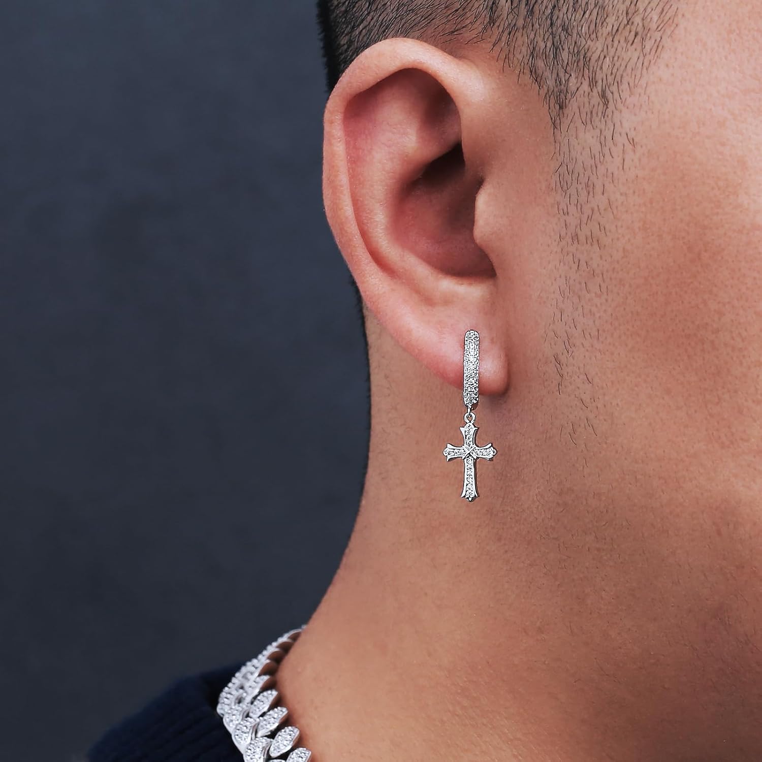 KRKC Cross Earrings, Sterling Silver Hypoallergenic Hoop Dangle Earrings for Men, 14K Gold Plating Cross Dangle Drop Earrings For Men Women - Image 3