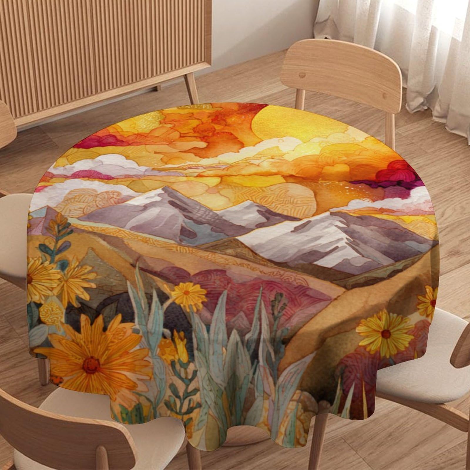 LUYYSKY Retro Classic Sunrise Landscape Round Tablecloth Modern Fantasy Natural Scenery Plant Daisies Flowers Print Washable Decor for Table Cover for Kitchen-127 Wx127 L cm
