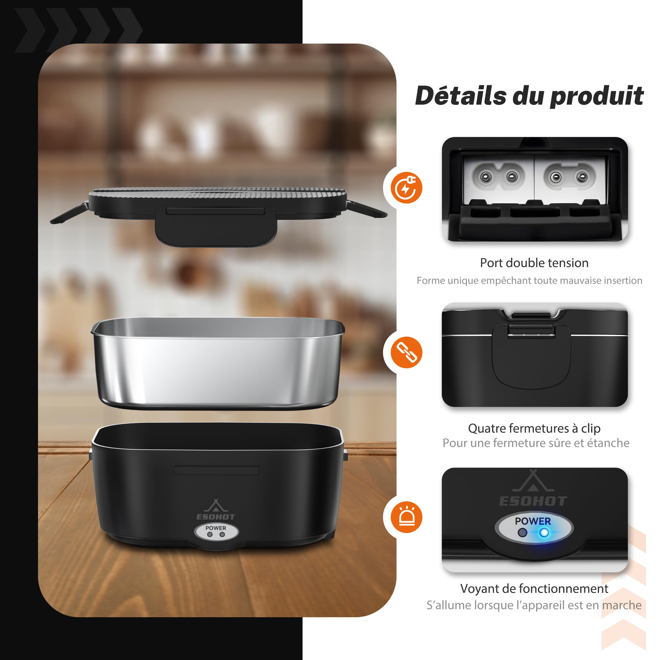 Gamelle Chauffante,120W Lunch Box Chauffante Modèle de Chauffage Ultra-Rapide 12V/24V/230V Boite Chauffante Repas pour Voyages,Travail,Bureau,Voiture,Camion (1,5L)