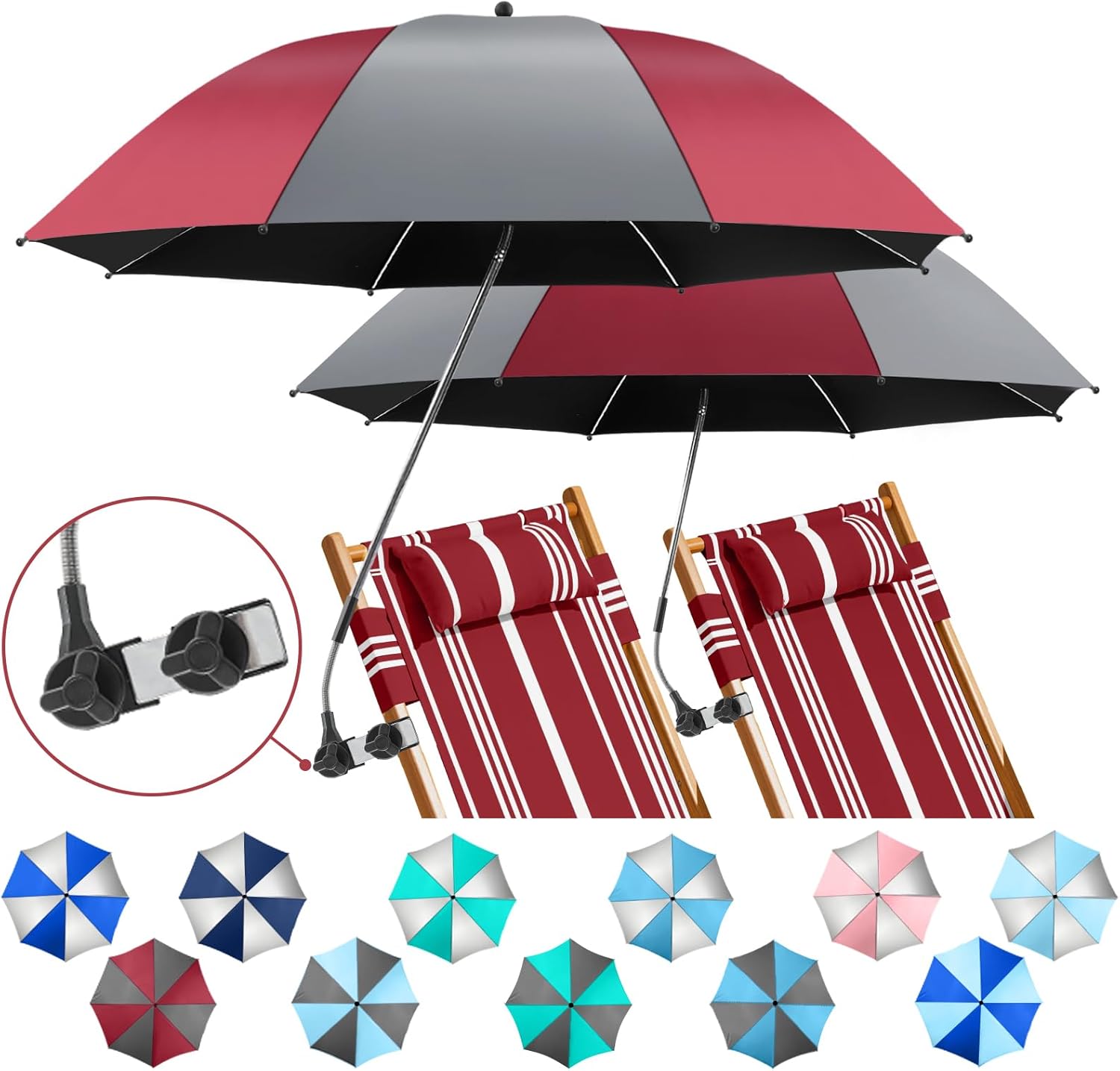 2 Pack Beach Umbrella with 360 Universal Clamp, UPF50+ Umbrella Outdoor Patio Sun Protection for Chairs, Beach &Patio Use (Not Include Chair)