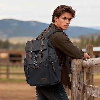 MOYYI Canvas Backpack for Men, Vintage Rugged Drawstring Rucksack for 15.6inch Laptop, Everyday Bag for Casual Hiking Travel