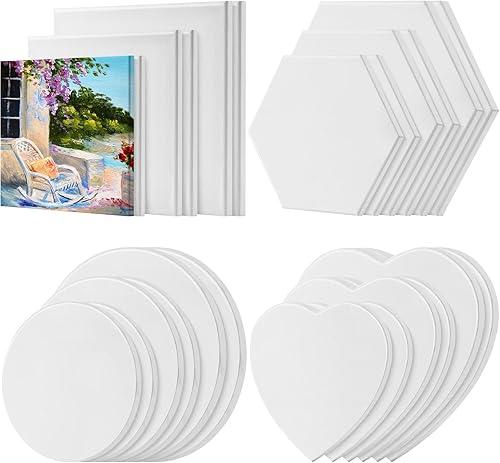 Thenshop 24 lienzos estirados para pintar tableros de lienzo en blanco a granel, marco cuadrado redondo hexagonal en forma de corazón para niños,