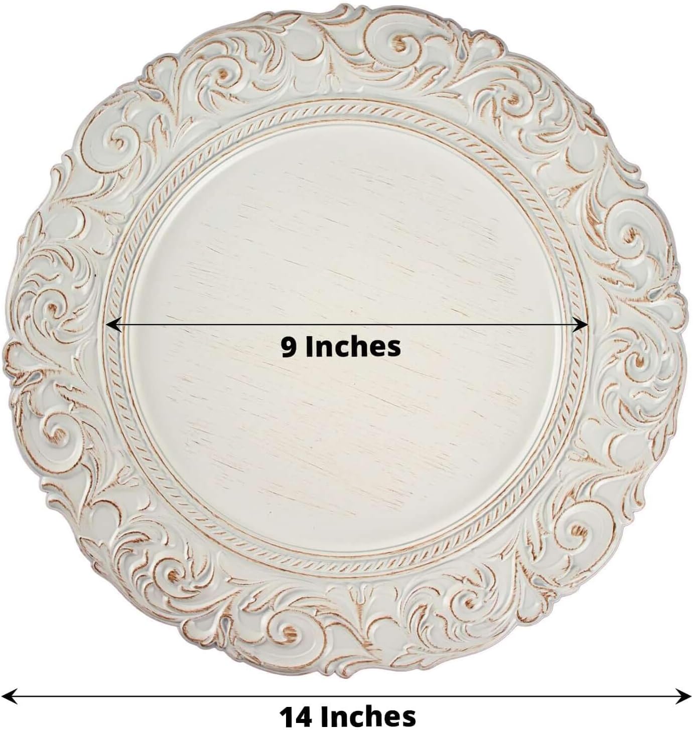 Efavormart 12-Pack Acrylic Charger Plates 14" Round Antique White Gold with Engraved Baroque Rim - Vintage Disposable Decorative Chargers