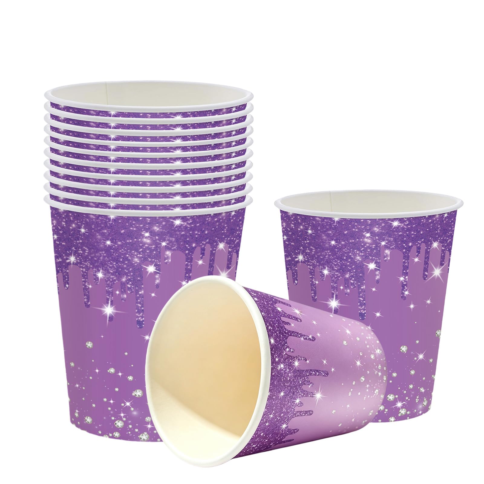 40P Purple Disposable Paper Cups,9 Oz Sparkling Purple Party Cup Birthday