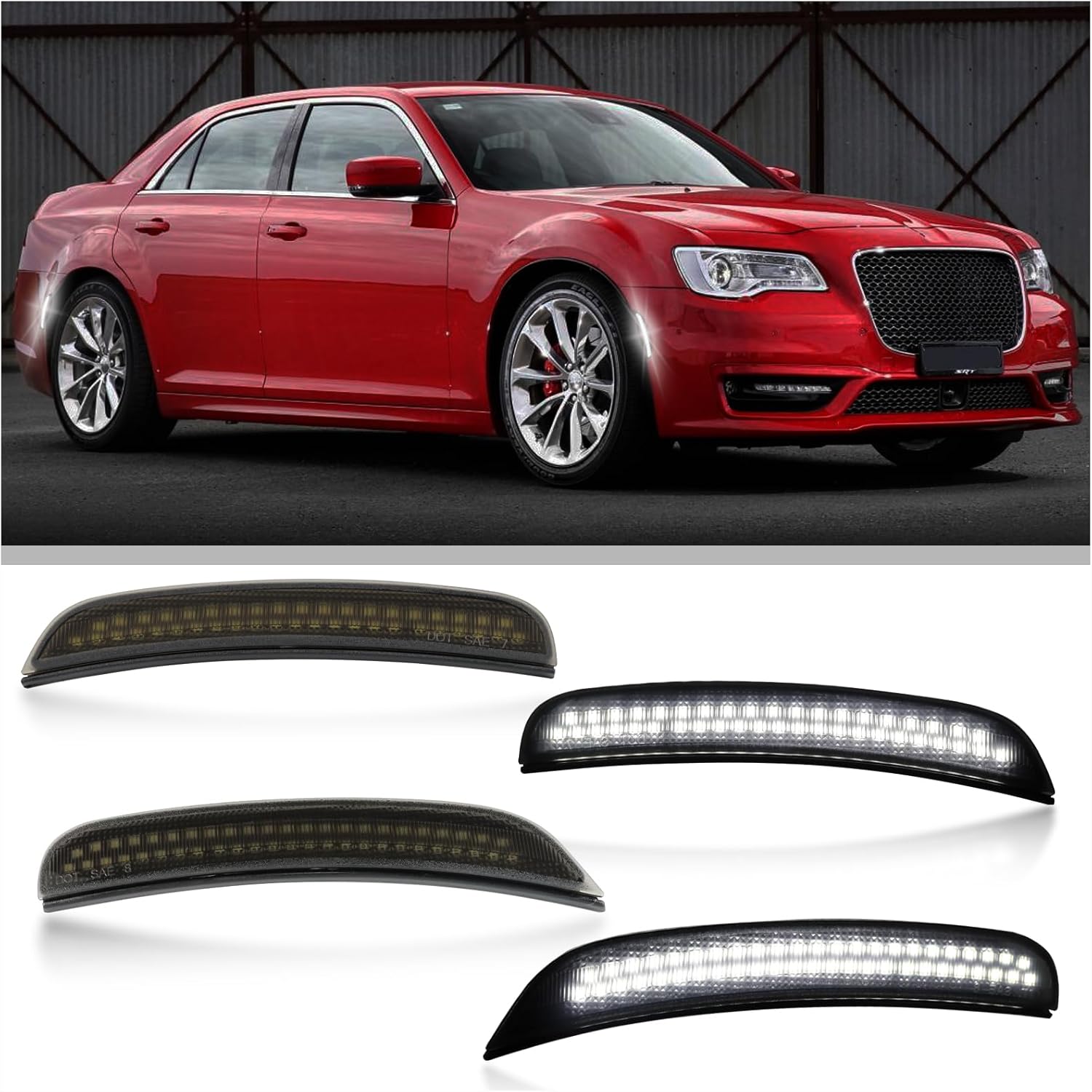 Smoked LED Side Marker Lights for 2015-2024 Chrysler 300 - White LED Turn Signals (4pc Kit) | DOT Compliant, Plug & Play Direct Replacement (White)