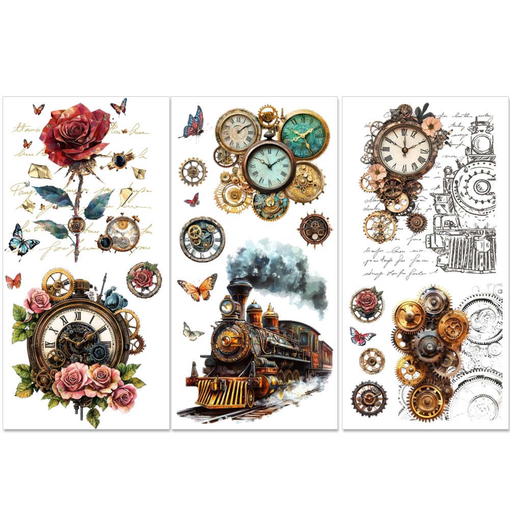 PLIGREAT 3 Sheets Retro Style Rub on Transfers for Crafts and Furnitures 12"x6" Steampunk Pattern UV DTF Transfer Stickers for Wood Dressers Wardrobe