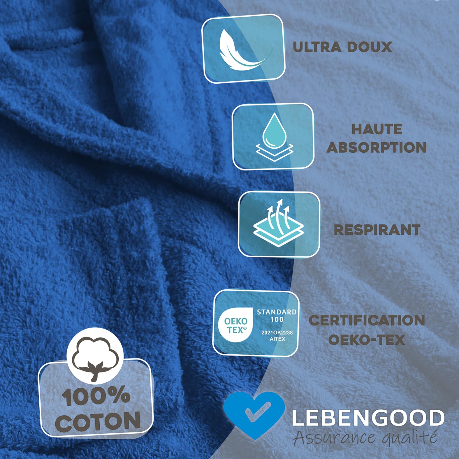 LEBENGOOD Peignoir pour femme et homme, 100% coton éponge américain, 400 g, avec ceinture, poches, peignoir doux, serviette de douche