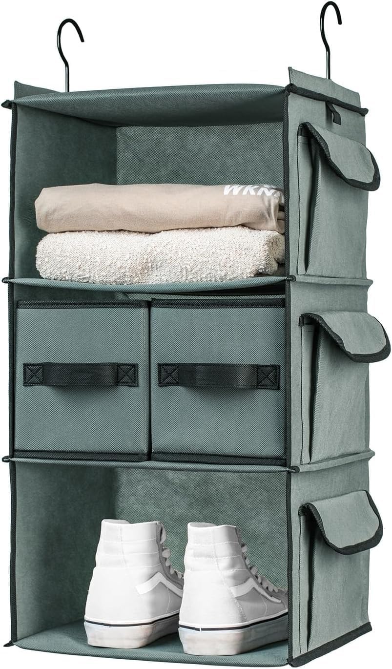 SMIRLY 6 Shelf Hanging Closet Organizer Hanging Shelves, Closet Hanging Organizer with 2 Sturdy Hooks for Wardrobe, Nursery, Storage (Grey, 3 Shelf)