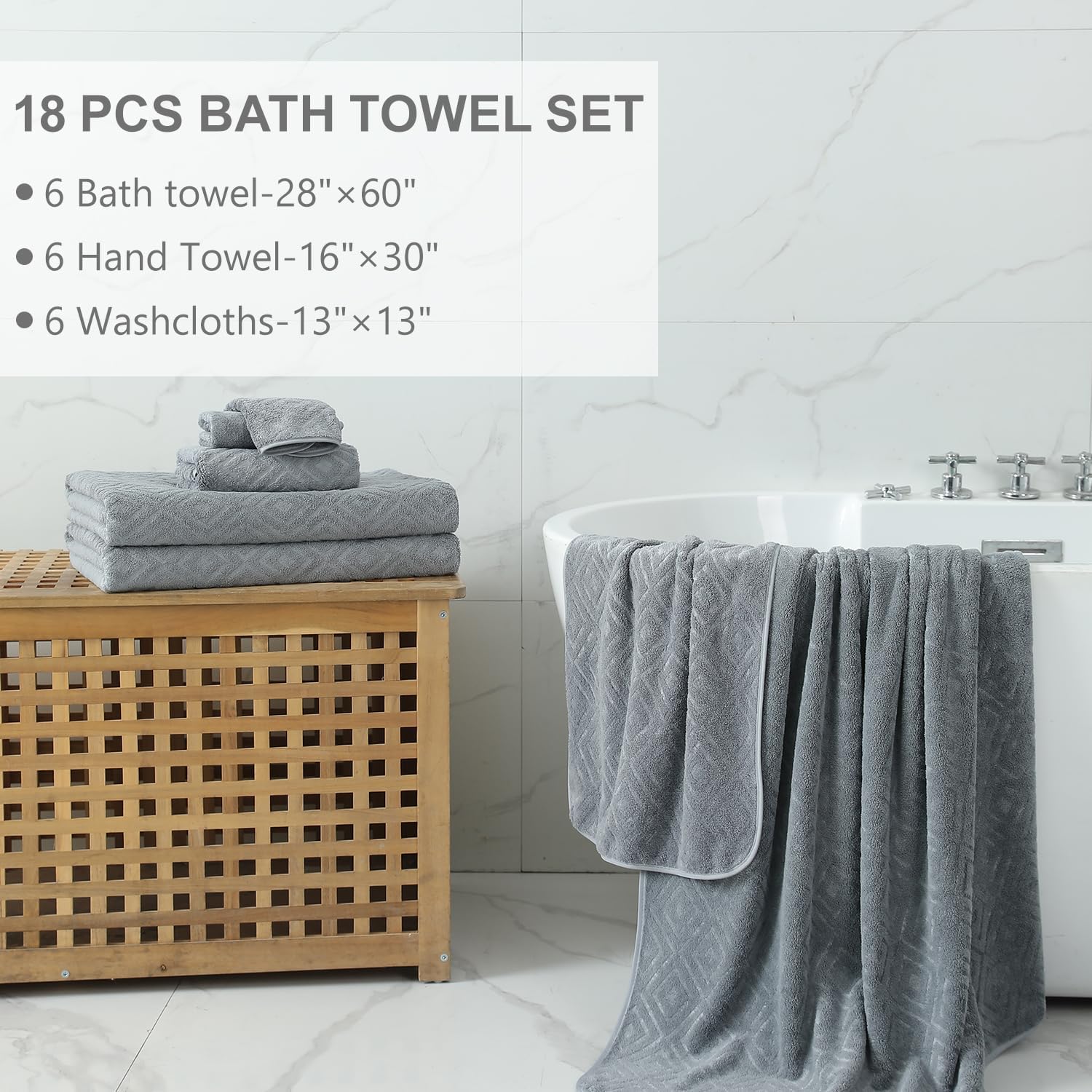 Smuge 18-Piece Bath Towel Set, Include 6 Bath Towel Sheets, 6 Hand Towels and 6 Washcloths - Highly Absorbent Quick Dry 100% Microfiber,Ultra Soft Bathroom Towel Set (Dark Gray) - Image 6