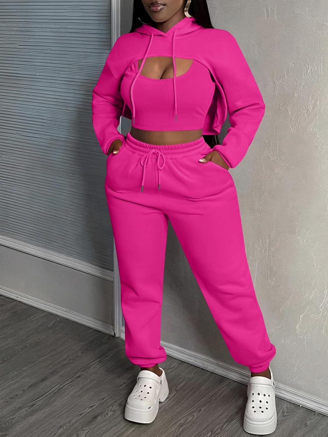 Women 3 Piece Sweatsuit Set Sexy Long Sleeve Pullover Cropped Hoodie Tank Top and Jogger Sweatpants Tracksuit - Image 4