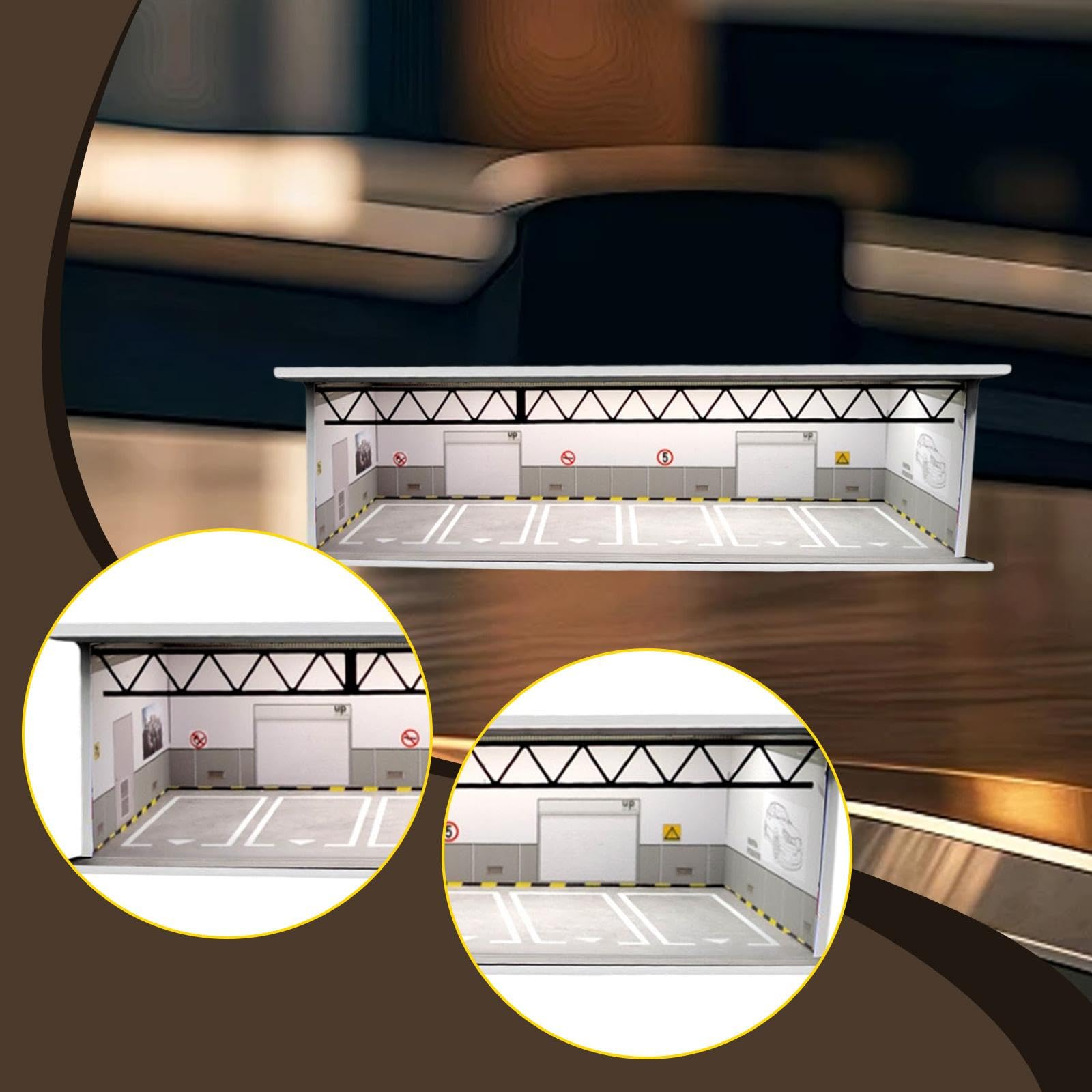 Sharplace 1:64 Parkplatz-Vitrine, Garagen-Diorama-Hintergrund, beleuchtet mit Parkplatzszene für Sportwagen-Actionfiguren-Zubehör, Style C