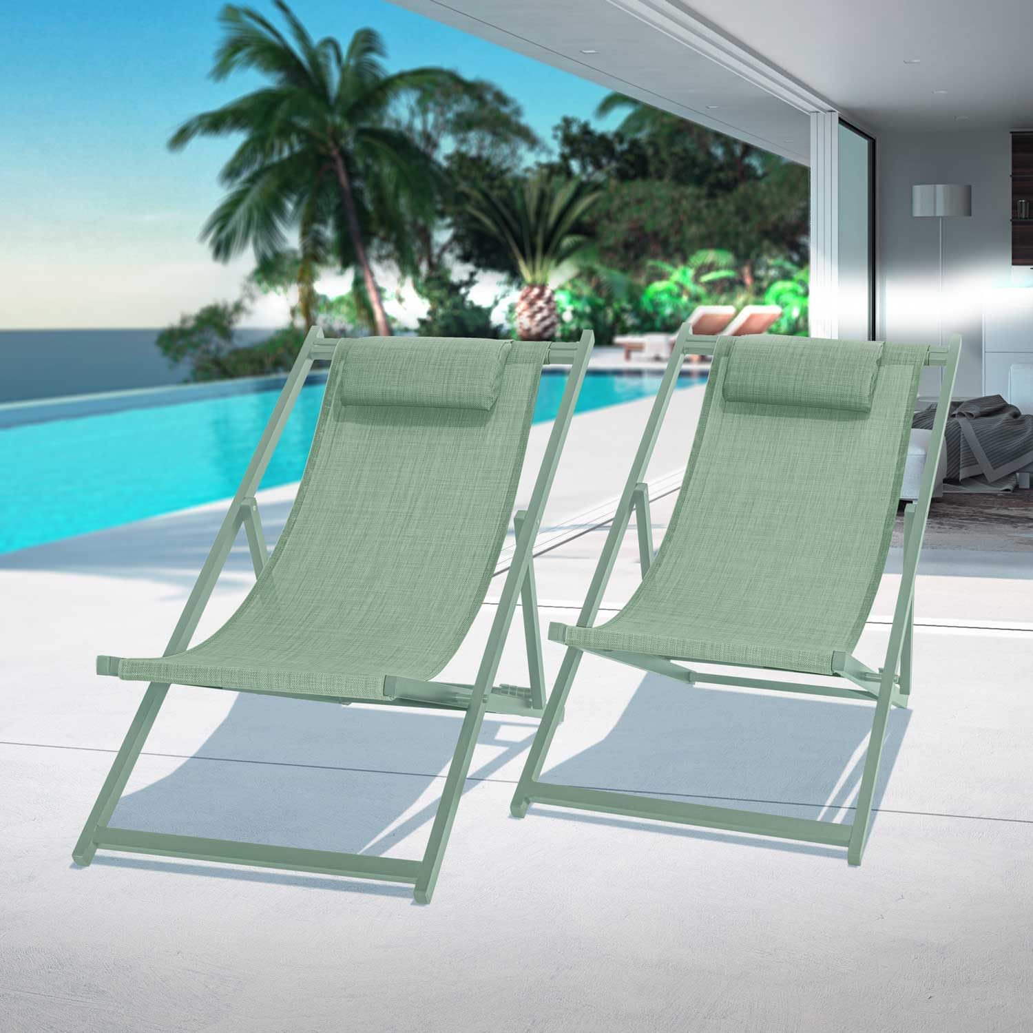 FRANKYSTAR Mezzaluna - Set di 2 sedie a sdraio pieghevoli in alluminio e textilene. Sdraio da giardino di design con schienale regolabile in 4 posizioni verde