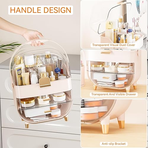 Miniatura 4 de Yieach Organizador de maquillaje de encimera para tocador, organizador de cuidado de la piel de gran capacidad con cajones y soporte para brochas