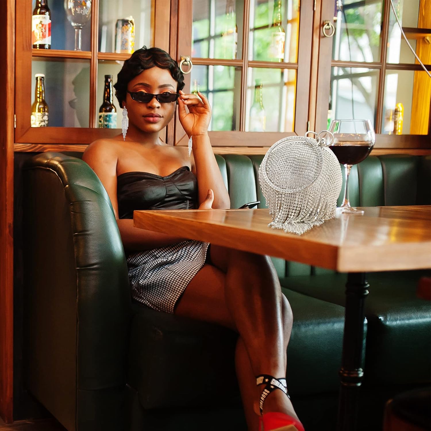 Saintrygo 3 Pcs Silver Clutch Purses for Women Evening Bag Rhinestone Jewelry Set Diamond Bling Earrings Elastic Bracelets Round Diamond Purse Rhinestone Bag for Wedding Disco Costume Party Gift - Image 4