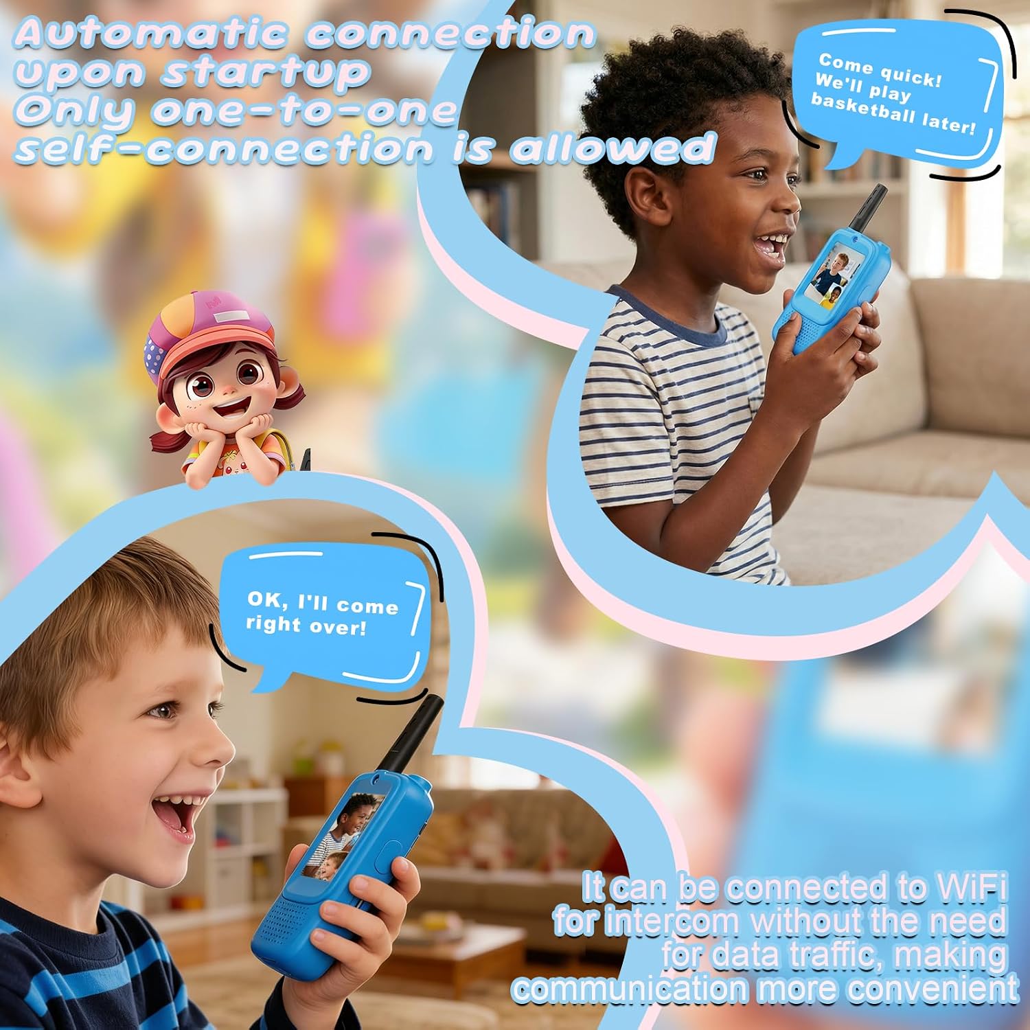 Kids Video Walkie Talkies Toy for Boys and Girls, 2.4GHz Two Way Radio with Real-Time Video and Audio, Voice Changer, Long Range Communication Device for Indoor Outdoor Play (Blue-Blue)