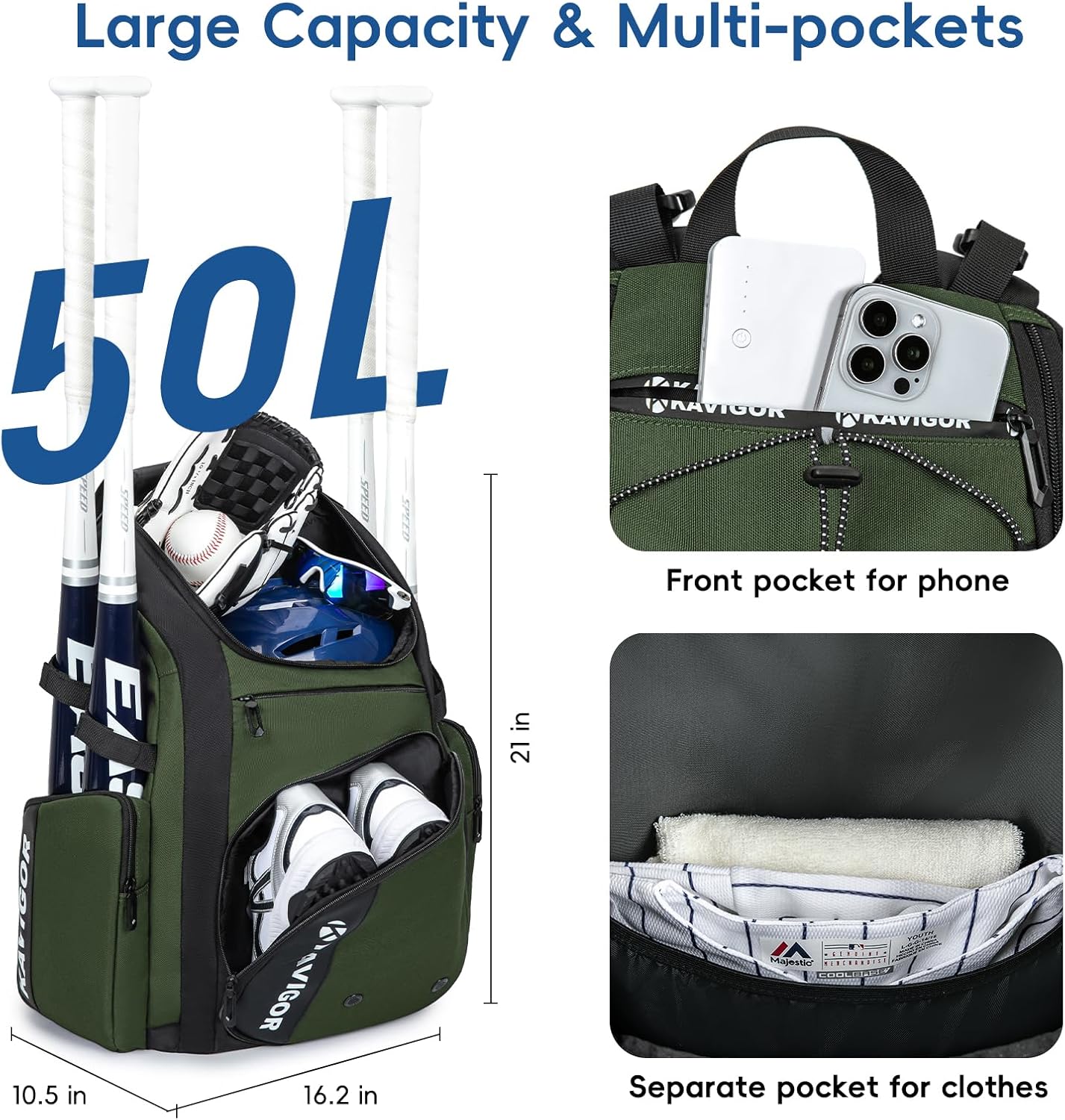 Baseball Bag for Youth and Adult, Softball Bag 50L Large Capacity Holds 4 Bats, Equipment Backpack with Shoes Compartment - Image 2