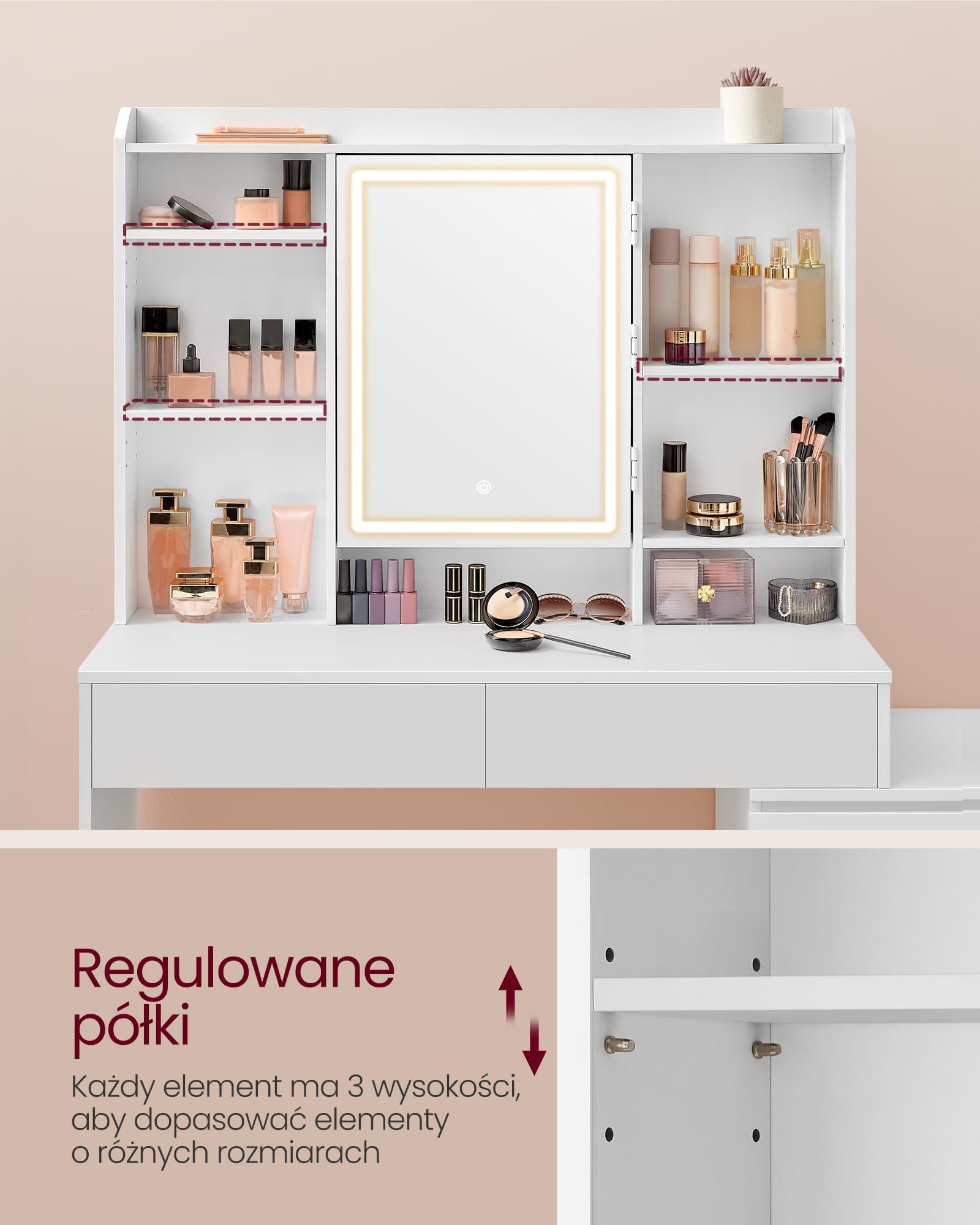VASAGLE Kolekcja KAILYN - Toaletka z oświetleniem LED, 40 x 118,3 x 145 cm, toaletka z lustrem, toaletka kosmetyczna z szufladami, regulowane półki, nowoczesna, kolor biały chmurowy RDT624WB01